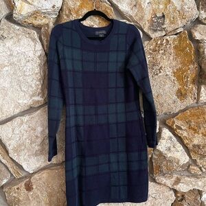 Tahari Navy and Green Plaid Sweater Dress